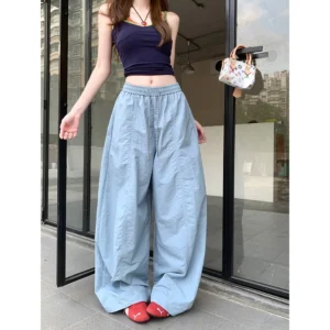 กางเกงลำลองทรงหลวม สไตล์สปอร์ต สีฟ้า เอวยางยืด ความยาวกางเกง 39"  รอบสะโพก 48"